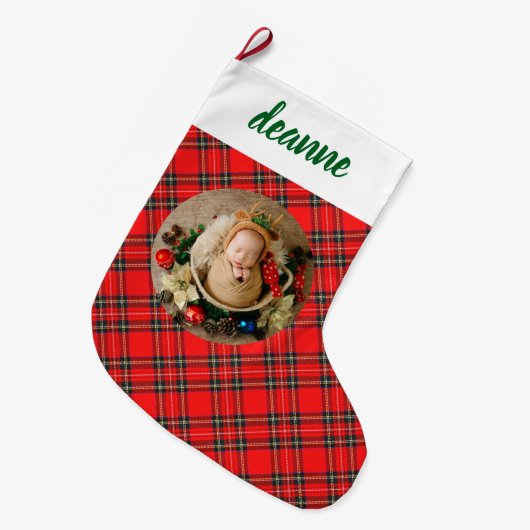 Red Plaid Elegant Baby's eerste kerstfoto Grote Kerstsok (Voorkant (Hangend))
