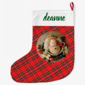 Red Plaid Elegant Baby's eerste kerstfoto Grote Kerstsok (Achterkant)