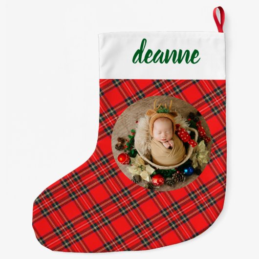 Red Plaid Elegant Baby's eerste kerstfoto Grote Kerstsok (Achterkant)