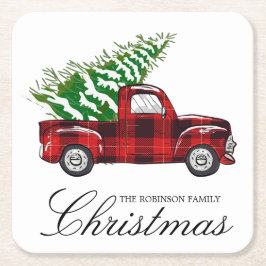 Red Plaid Elegant Script Christmas  Truck Kartonnen Onderzetters
