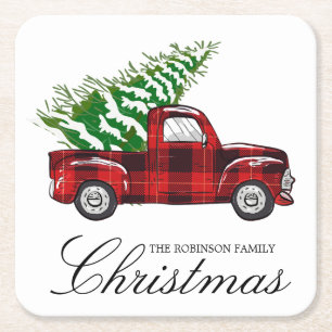 Red Plaid Elegant Script Christmas  Truck Kartonnen Onderzetters