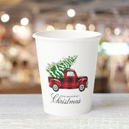 Red Plaid Elegant Script Christmas  Truck Papieren Bekers