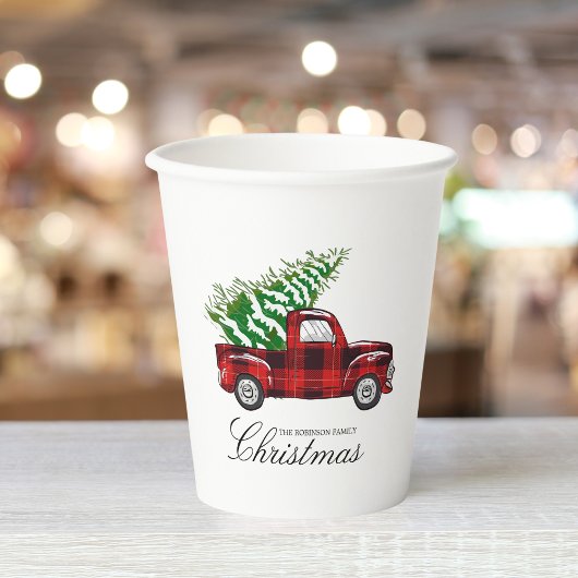 Red Plaid Elegant Script Christmas  Truck Papieren Bekers