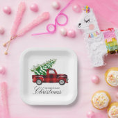 Red Plaid Elegant Script Christmas  Truck Papieren Bordje (Feest)