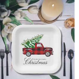 Red Plaid Elegant Script Christmas  Truck Papieren Bordje