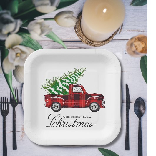 Red Plaid Elegant Script Christmas  Truck Papieren Bordje