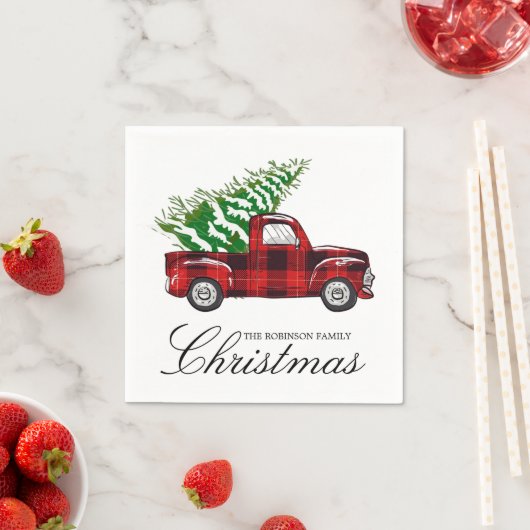 Red Plaid Elegant Script Christmas  Truck Servet (Insitu)