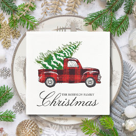 Red Plaid Elegant Script Christmas  Truck Servet