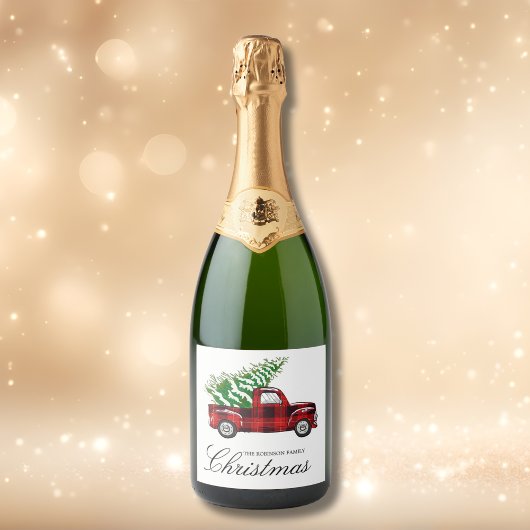 Red Plaid Elegant Script Christmas  Truck Sparkling Wijnetiket