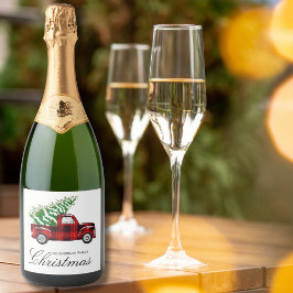 Red Plaid Elegant Script Christmas  Truck Sparkling Wijnetiket