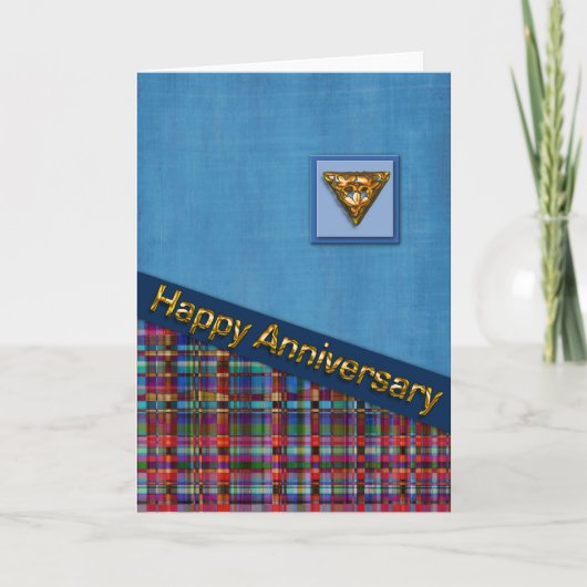 Red Plaid en Blue Fabric Jubileum Kaart (Voorkant)