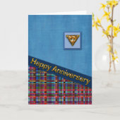 Red Plaid en Blue Fabric Jubileum Kaart (Gele Bloem)