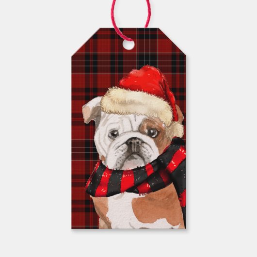Red Plaid en Engelse Bulldog Kerstmis Cadeaulabel (Voorkant)