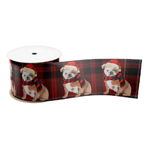 Red Plaid en Engelse Bulldog Kerstmis Satijnen Lint
