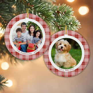 Red Plaid Familie Kerstmis 2 Foto's Ornament