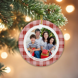 Red Plaid Family Christmas 2-zijdig Foto Ornament