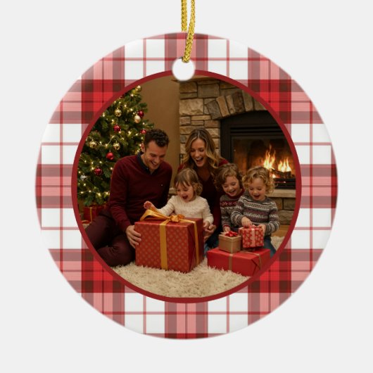 Red Plaid Family Christmas Keramisch Ornament (Voorkant)
