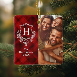 Red Plaid Family Crest Foto van Kerstmis Keramisch Ornament