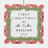 Red Plaid Gingham foto 1st Christmas Getrouwd Keramisch Ornament (Achterkant)