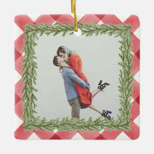 Red Plaid Gingham foto 1st Christmas Getrouwd Keramisch Ornament (Voorkant)