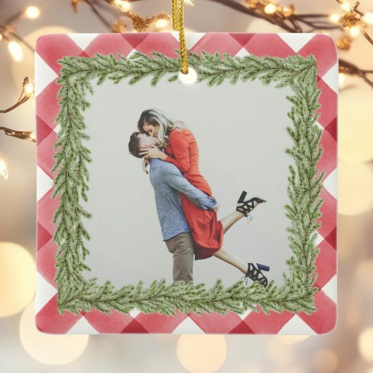 Red Plaid Gingham foto 1st Christmas Getrouwd Keramisch Ornament