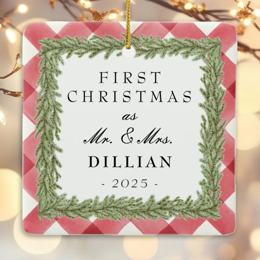 Red Plaid Gingham foto 1st Christmas Getrouwd Keramisch Ornament