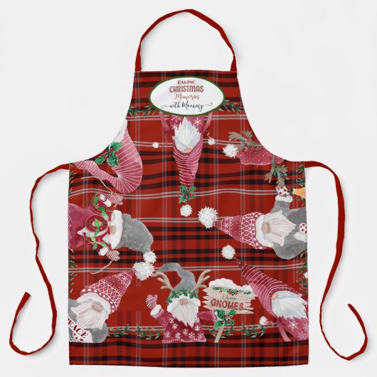 Red Plaid Gnomes Bakken Kerst Herinneringen Mama Schort (Voorkant)