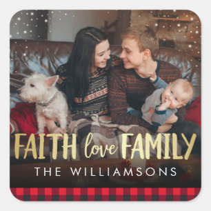 Red Plaid & Gold Faith Liefde Familie Kerstmis Fot Vierkante Sticker