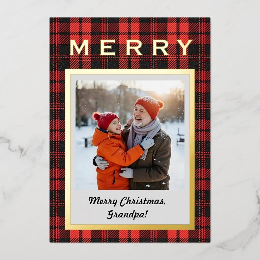 Red Plaid Gold Grandpa Photo Cozy But Elegant Folie Feestdagenkaart (Voorkant)