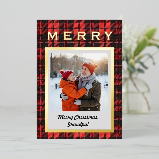 Red Plaid Gold Grandpa Photo Cozy But Elegant Folie Feestdagenkaart (Staand Voorkant)