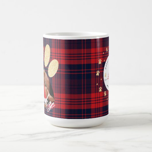 Red Plaid & Gold Pet Paw Print Foto & Sneeuwvlokke Koffiemok (Center)
