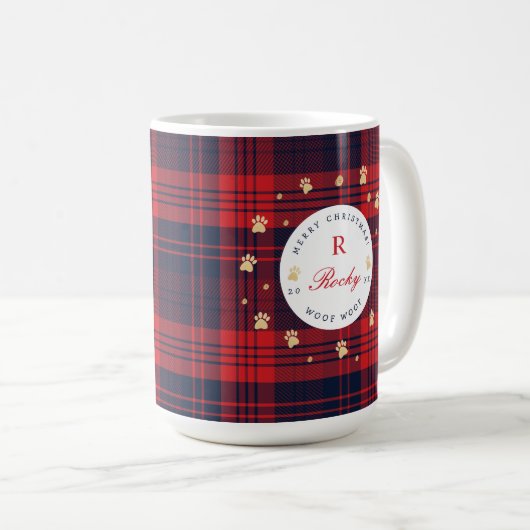 Red Plaid & Gold Pet Paw Print Foto & Sneeuwvlokke Koffiemok (Voorkant rechts)