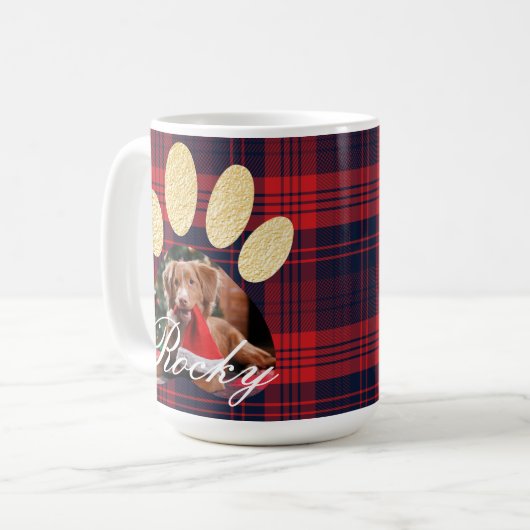 Red Plaid & Gold Pet Paw Print Foto & Sneeuwvlokke Koffiemok (Voorkant links)