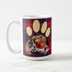 Red Plaid & Gold Pet Paw Print Foto & Sneeuwvlokke Koffiemok