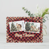 Red Plaid Gold Sneeuw Vrolijk Kerstfeest Foto Feestdagenkaart (Staand voorkant)