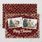 Red Plaid Gold Sneeuw Vrolijk Kerstfeest Foto Feestdagenkaart (Voorkant / Achterkant)