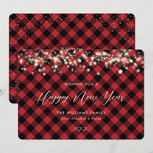 Red Plaid Happy New Year Kaart (Voorkant / Achterkant)