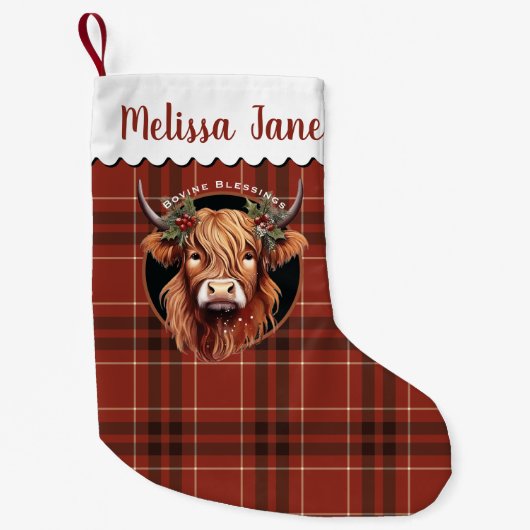 Red Plaid Highland Koe Monogram Kleine Kerstsok (Voorkant)