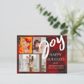 Red Plaid Joy Christmas Family Greeting Foto Feestdagenkaart (Staand voorkant)