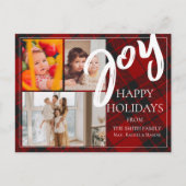 Red Plaid Joy Christmas Family Greeting Foto Feestdagenkaart (Voorkant)