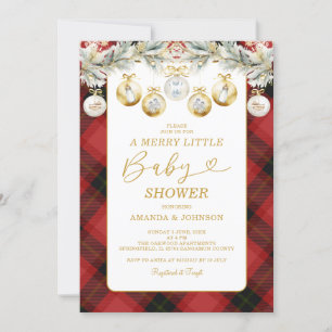 Red Plaid Kerst Gouden Ornamenten Baby shower Kaart