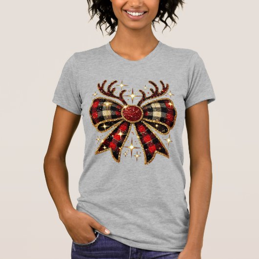 Red Plaid Kerstmis Rendier Bow-Coquette Bow T-shirt (Voorkant)