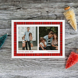 Red Plaid Liefde en Joy Dubbele Foto Feestdagenkaart