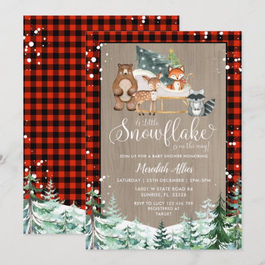 Red Plaid Lumberjack Snowflake Baby shower Kaart (Voorkant / Achterkant)