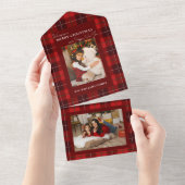 Red Plaid Merry Christmas 1 Foto All In One Uitnodiging (Afscheurbaar)
