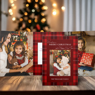 Red Plaid Merry Christmas 1 Foto Drieluik Kaart