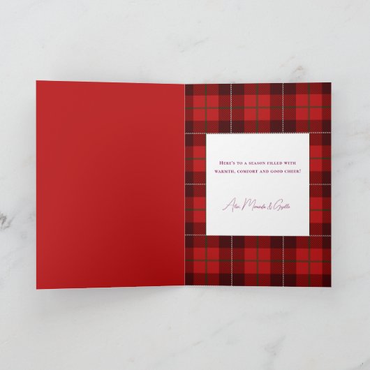 Red Plaid Merry Christmas 1 Foto Feestdagen Kaart (Binnen)