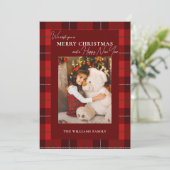 Red Plaid Merry Christmas 1 Foto Feestdagenkaart (Staand voorkant)