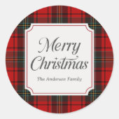 Red Plaid Merry Christmas Ronde Sticker (Voorkant)