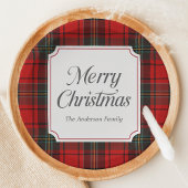 Red Plaid Merry Christmas Round Papieren Bordje